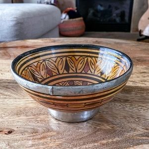 Vintage Moroccan handmade silver trimmed Ceramic bowl